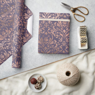 Glamorous Rose Gold Foil and Lavender Damask Wrapping Paper