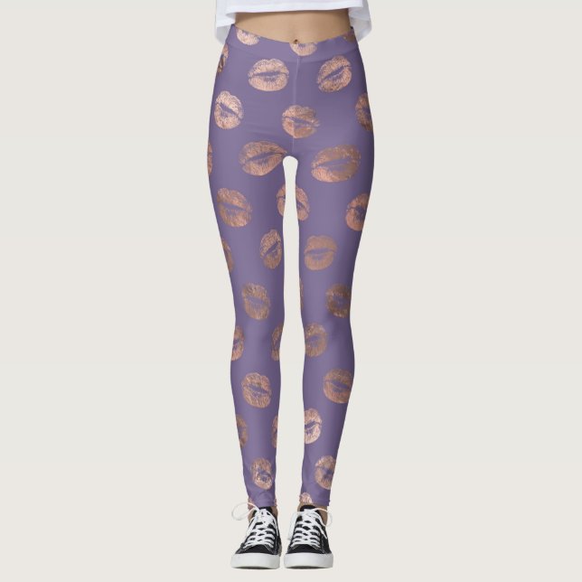 Glamorous Rose Gold Foil and Lavender Lips Leggings (Front)