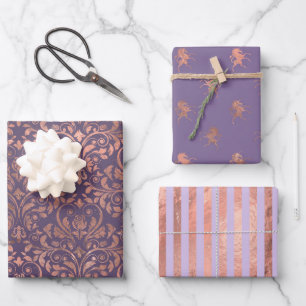 Glamorous Rose Gold Foil and Lavender Patterns Wrapping Paper Sheets
