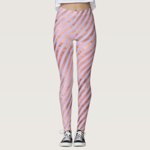 Glamorous Rose Gold Foil and Lavender Stripes Leggings