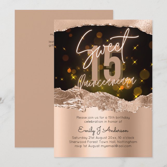 Glamorous Rose Gold Foil Glitter Quinceanera 15th Invitation (Front/Back)