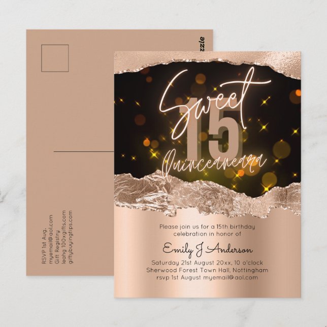 Glamorous Rose Gold Foil Glitter Quinceanera 15th  Postcard (Front/Back)