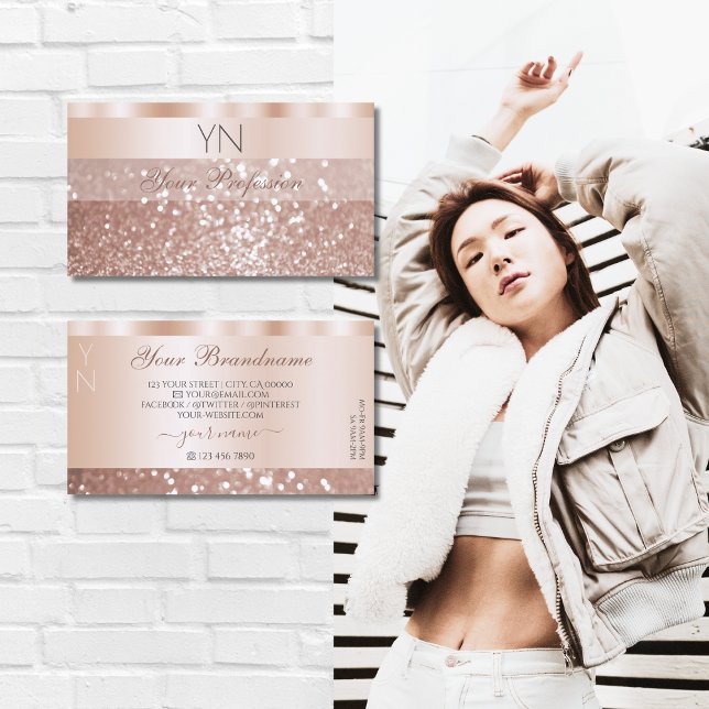 Glamorous Rose Gold Glitter and Monogram Luxurious Business Card (Creator Uploaded)