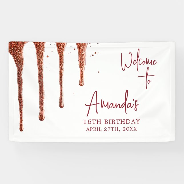 Glamorous Rose Gold Glitter Drip Sweet 16 Birthday Banner (Horizontal)