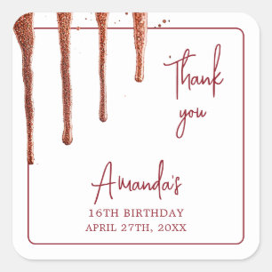 Glamorous Rose Gold Glitter Drip Sweet 16 Birthday Square Sticker