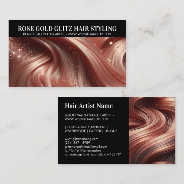 Glamorous Rose Gold Glitter Hair Stylist Photo Business Card (Front/Back)