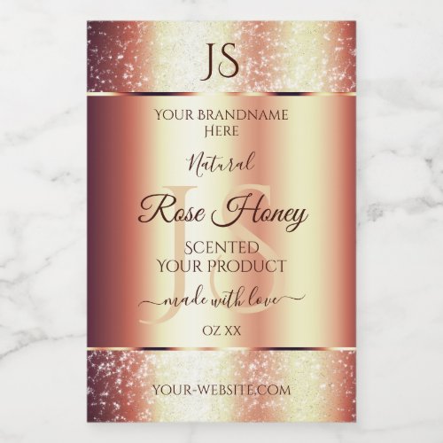 Glamorous Rose Gold Glitter Initials Product Label