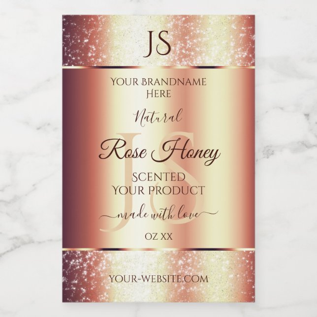 Glamorous Rose Gold Glitter Initials Product Label (Single Label)