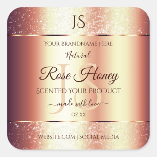 Glamorous Rose Gold Glitter Initials Product Label