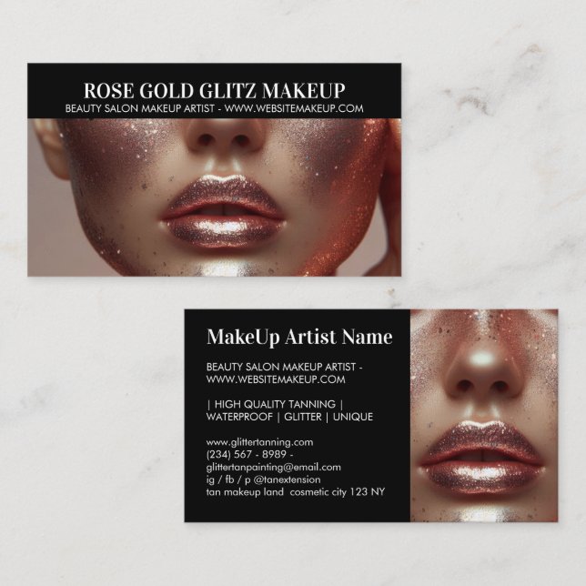 Glamorous Rose Gold Glitter Makeup Artist Photo Business Card (Front/Back)