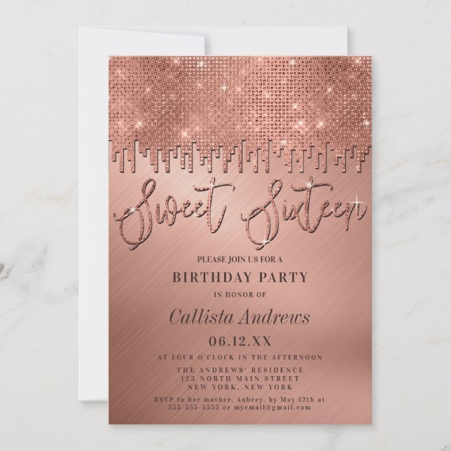 Glamorous Rose Gold Glitter Pixels Sweet 16 Invitation (Front)