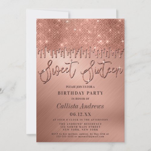 Glamorous Rose Gold Glitter Pixels Sweet 16 Invitation