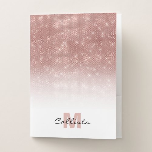 Glamorous Rose Gold Glitter Sequin Ombre Monogram Pocket Folder