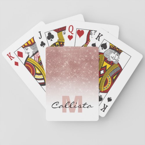 Glamorous Rose Gold Glitter Sequin Ombre Monogram Poker Cards