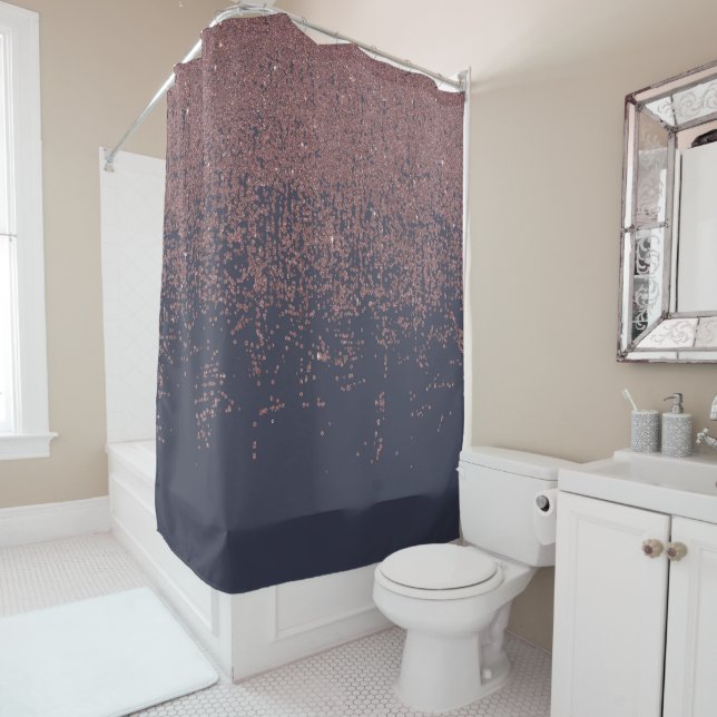 Glamorous Rose Gold Navy Blue Glitter Ombre Shower Curtain (In Situ)