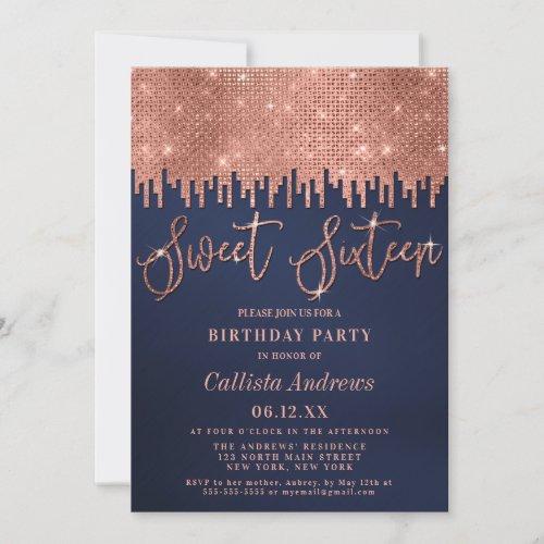 Glamorous Rose Gold Navy Glitter Pixels Sweet 16 Invitation