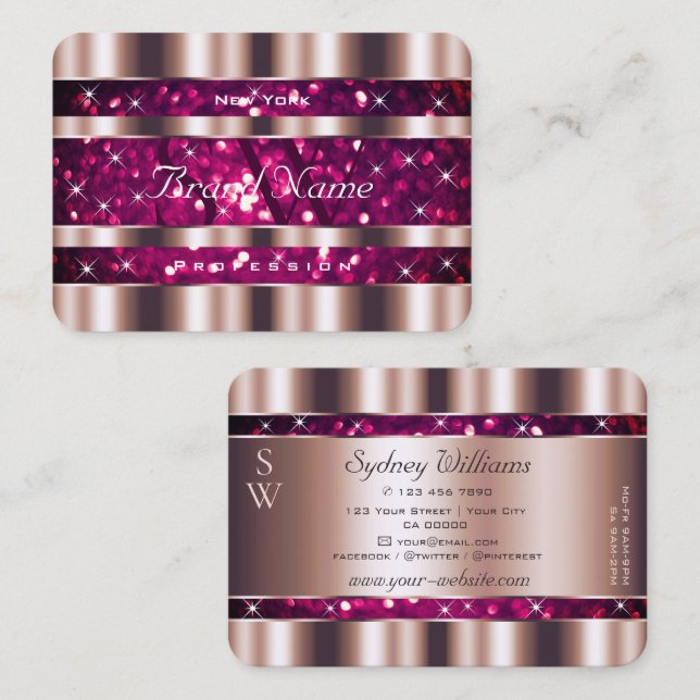 Glamorous Rose Gold Pink Glitter Stars Monogram Business Card (Front/Back)