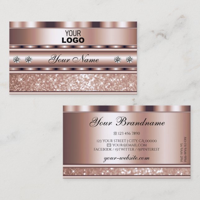 Glamorous Rose Gold Sparkle Glitter Stars Add Logo Business Card (Front/Back)