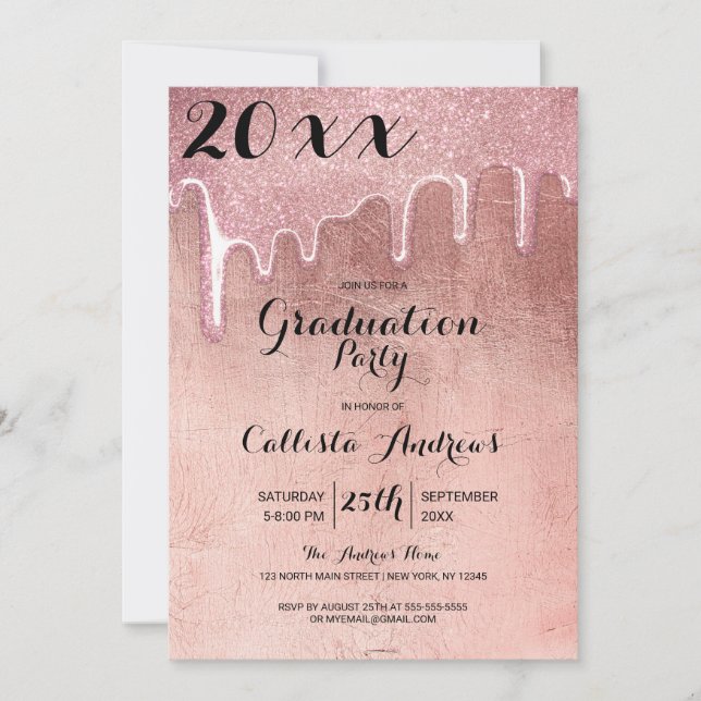Glamorous Rose Gold Thick Glitter Drips Graduation Invitation (Front)