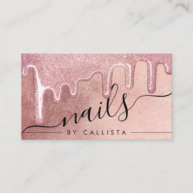 Glamorous Rose Gold Thick Glitter Drips Nails Business Card (Front)