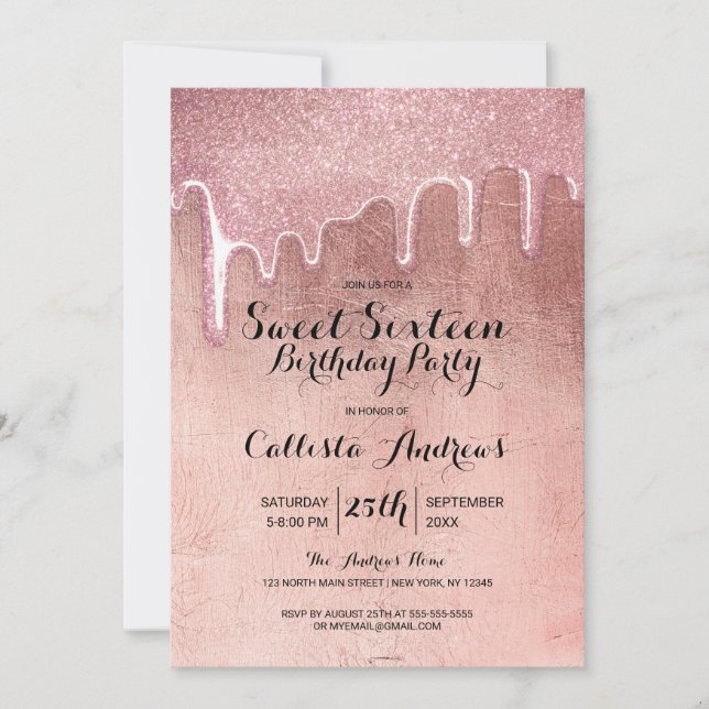 Glamorous Rose Gold Thick Glitter Drips Sweet 16 Invitation (Front)