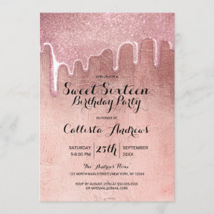 Glamorous Rose Gold Thick Glitter Drips Sweet 16 Invitation