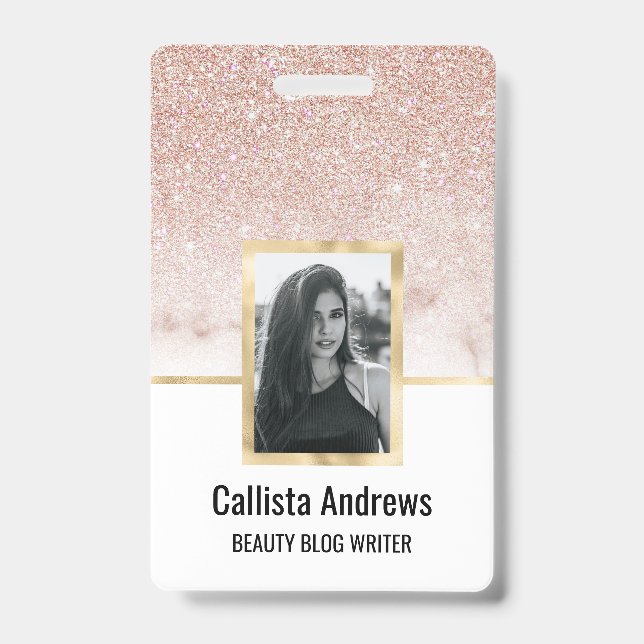 Glamorous Rose Gold White Glitter Marble Gradient Badge (Front)