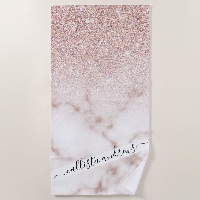 Glamorous Rose Gold White Glitter Marble Gradient Beach Towel (Front)
