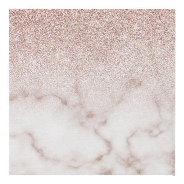 Glamorous Rose Gold White Glitter Marble Gradient Faux Canvas Print (Front)