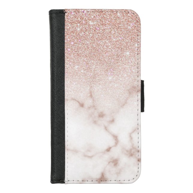 Glamorous Rose Gold White Glitter Marble Gradient iPhone Wallet Case (Front)