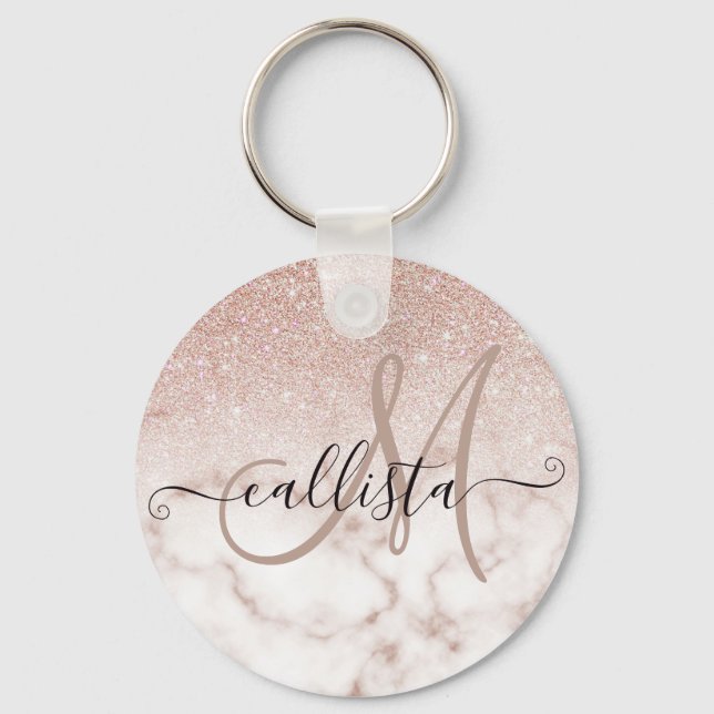 Glamorous Rose Gold White Glitter Marble Gradient Keychain (Front)