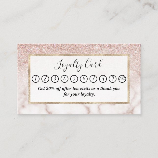 Glamorous Rose Gold White Glitter Marble Gradient Loyalty Card (Front)
