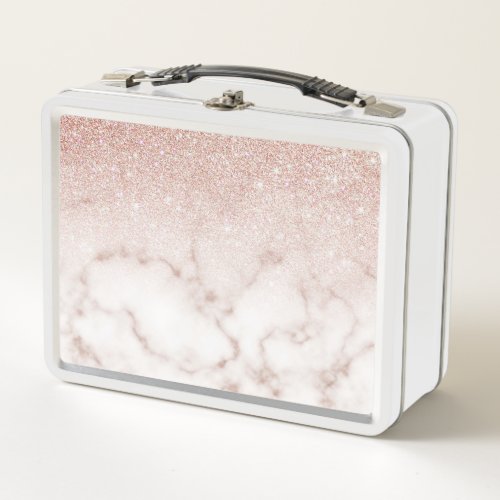 Glamorous Rose Gold White Glitter Marble Gradient Metal Lunch Box