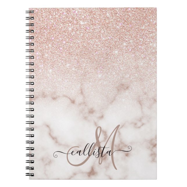 Glamorous Rose Gold White Glitter Marble Gradient Notebook (Front)