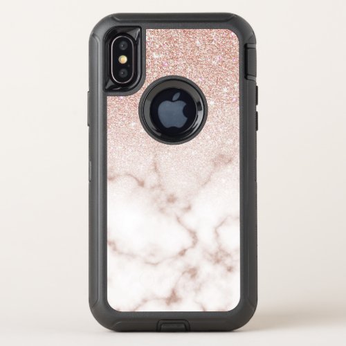 Glamorous Rose Gold White Glitter Marble Gradient OtterBox Defender iPhone X Case