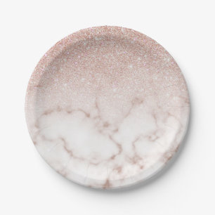 Glamorous Rose Gold White Glitter Marble Gradient Paper Plates