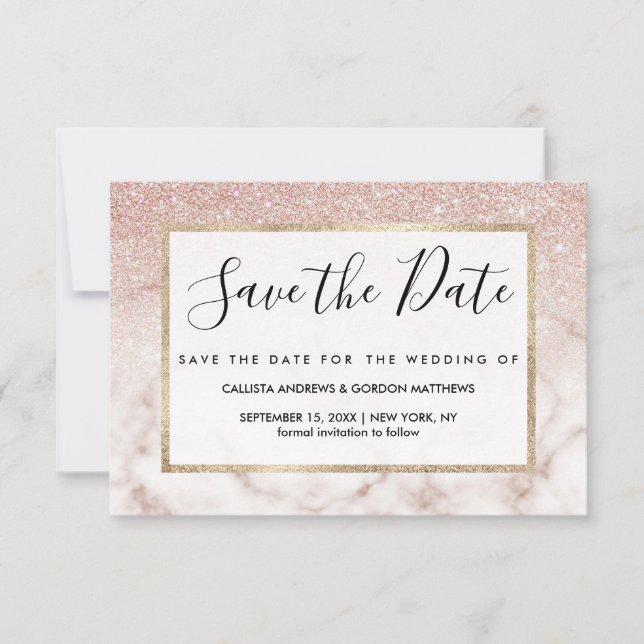 Glamorous Rose Gold White Glitter Marble Gradient Save The Date (Front)