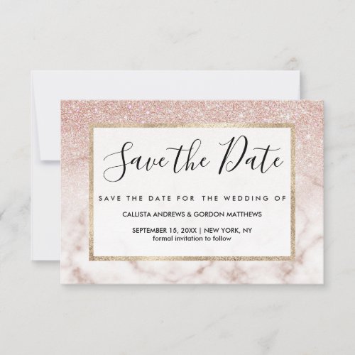 Glamorous Rose Gold White Glitter Marble Gradient Save The Date
