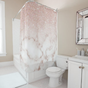 Glamorous Rose Gold White Glitter Marble Gradient Shower Curtain