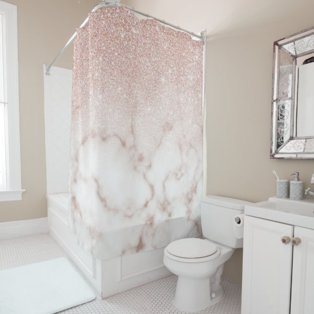 Glamorous Rose Gold White Glitter Marble Gradient Shower Curtain (In Situ)