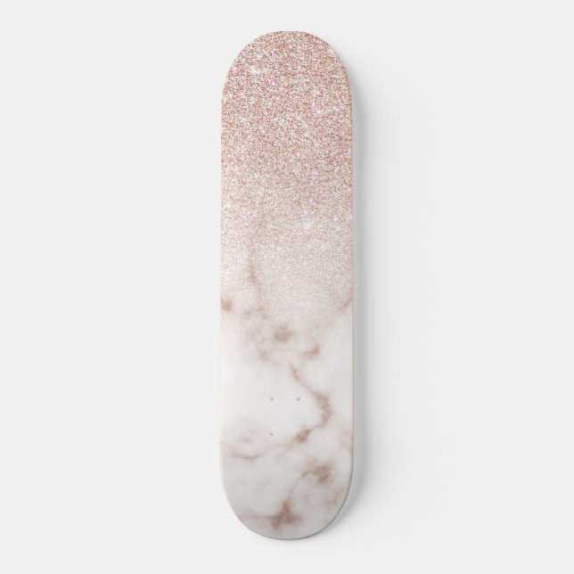 Glamorous Rose Gold White Glitter Marble Gradient Skateboard (Front)