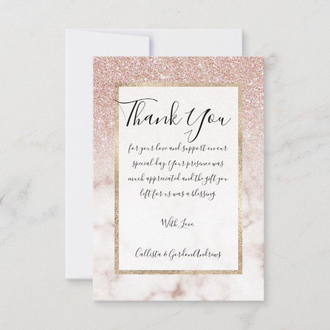 Glamorous Rose Gold White Glitter Marble Gradient Thank You Card (Front)