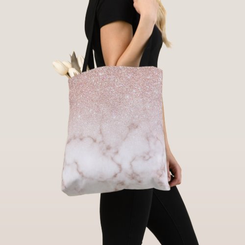 Glamorous Rose Gold White Glitter Marble Gradient Tote Bag