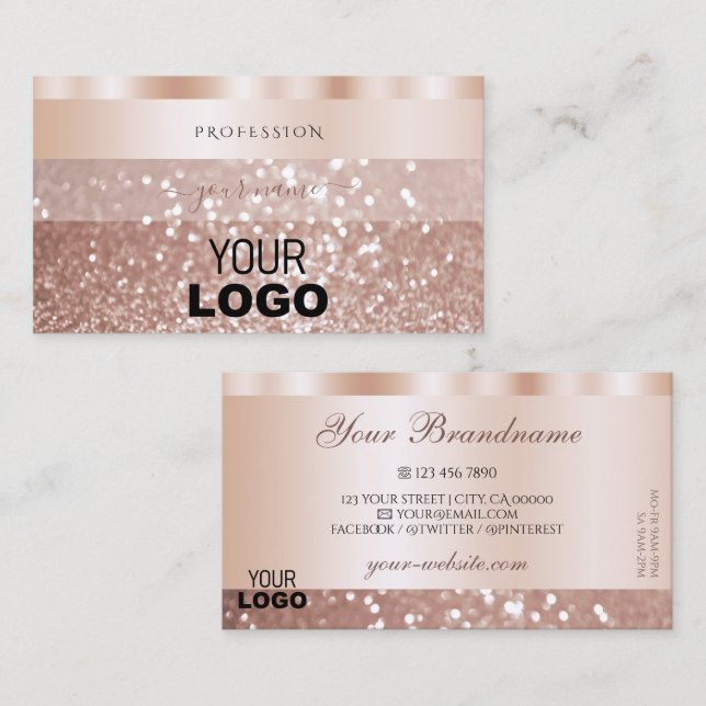 Glamorous Rose Golden Bright Sparkle Glitter Logo Business Card (Front/Back)