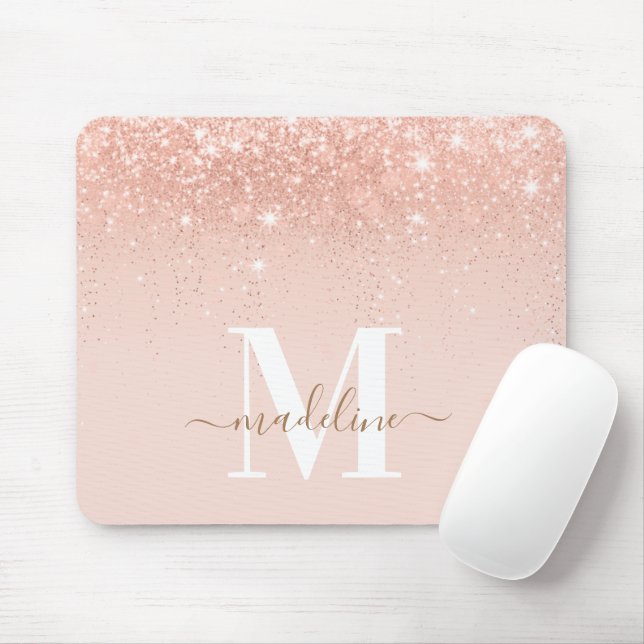 Glamorous Rosegold Glitter Elegant Script Monogram Mouse Pad (With Mouse)