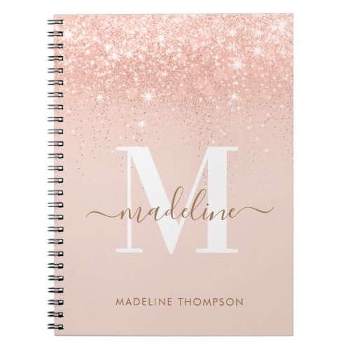 Glamorous Rosegold Glitter Elegant Script Monogram Notebook