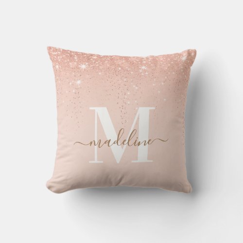 Glamorous Rosegold Glitter Elegant Script Monogram Throw Pillow