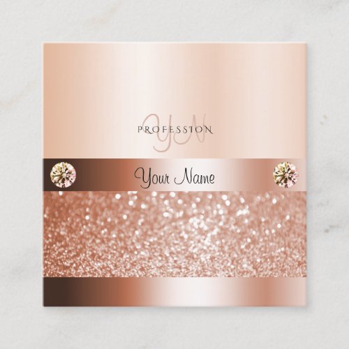 Glamorous Rosegold Shimmery Glitter with Monogram Square Business Card