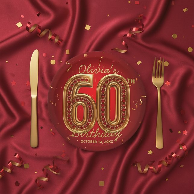 Glamorous Ruby Gemstone Gold 60th Birthday Party Paper Plates (Creator Uploaded)