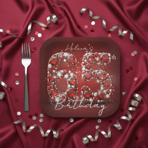 Glamorous Ruby Red Diamonds 65th Birthday Party Paper Plates